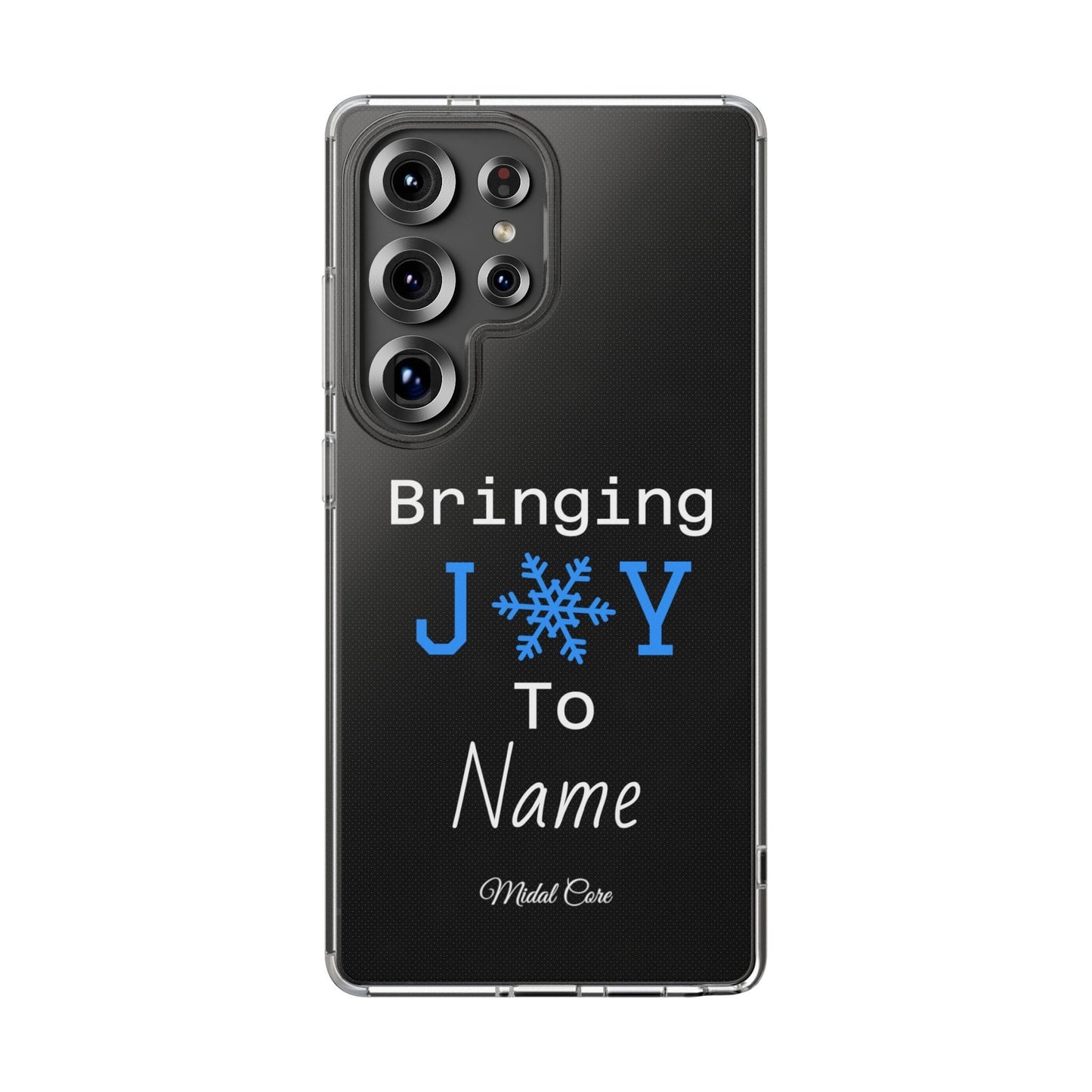 Personalized Christmas clear phone case with 'Bringing J❄️Y To Name' snowflake design on Samsung