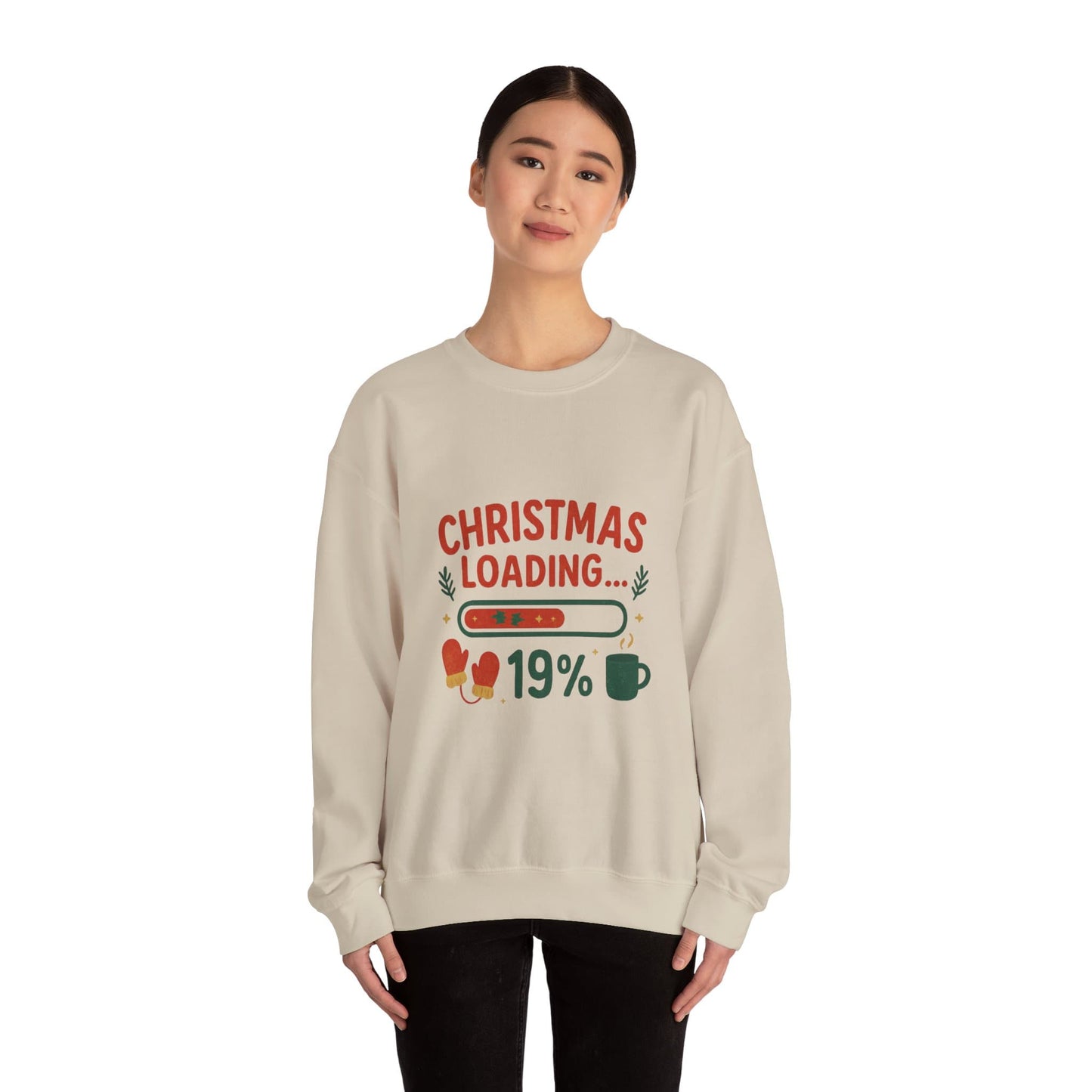 Woman wearing Christmas Loading 19% crewneck sand cozy holiday sweater