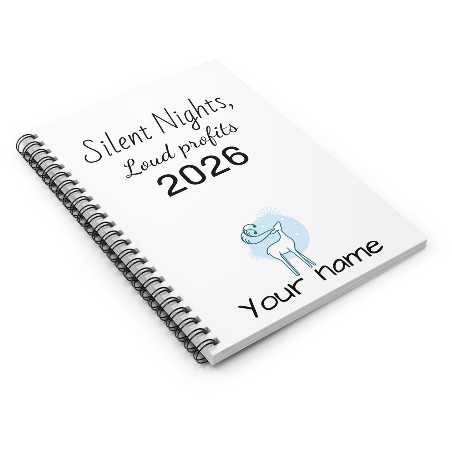 Silent Nights, Loud Profits 2026 notebook on desk with coffee and laptop – perfect entrepreneur gift