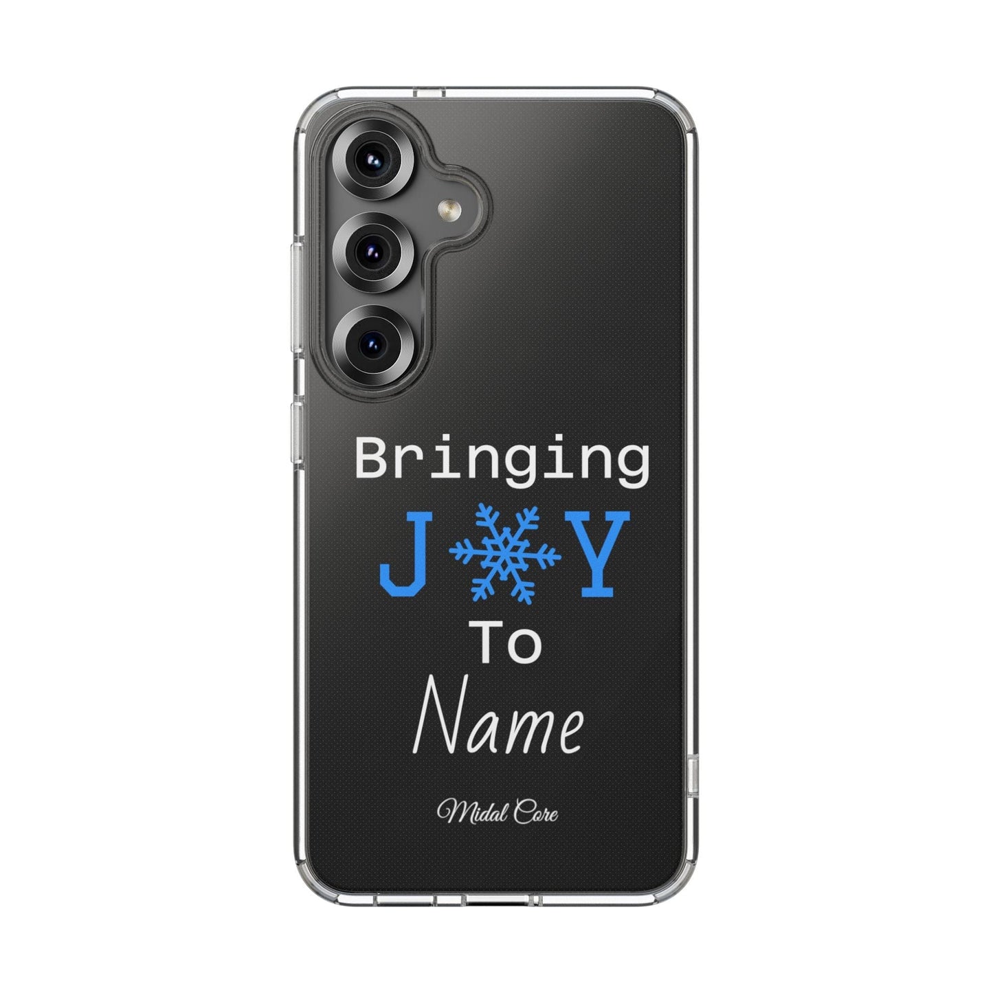 Personalized Christmas clear phone case with 'Bringing J❄️Y To Name' snowflake design on Samsung