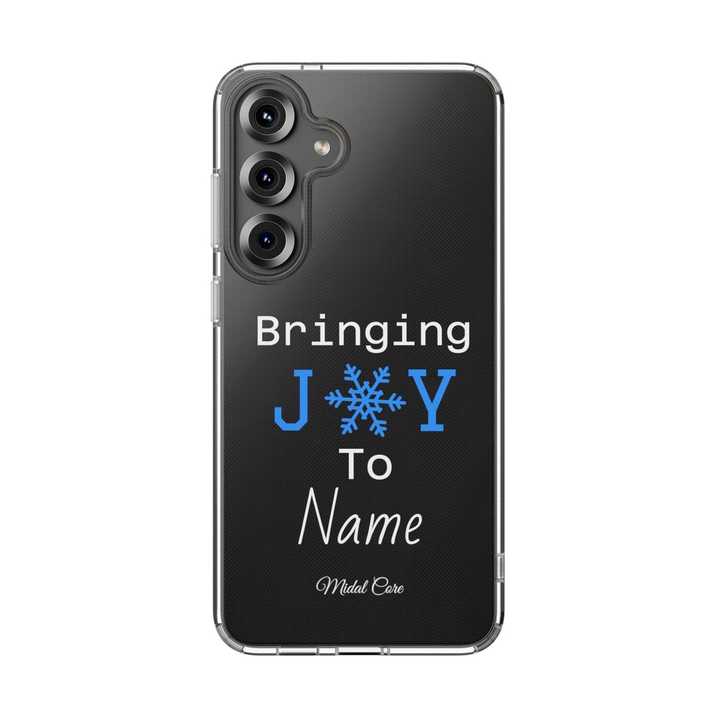 Personalized Christmas clear phone case with 'Bringing J❄️Y To Name' snowflake design on Samsung