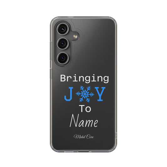 Personalized Christmas clear phone case with 'Bringing J❄️Y To Name' snowflake design on Samsung
