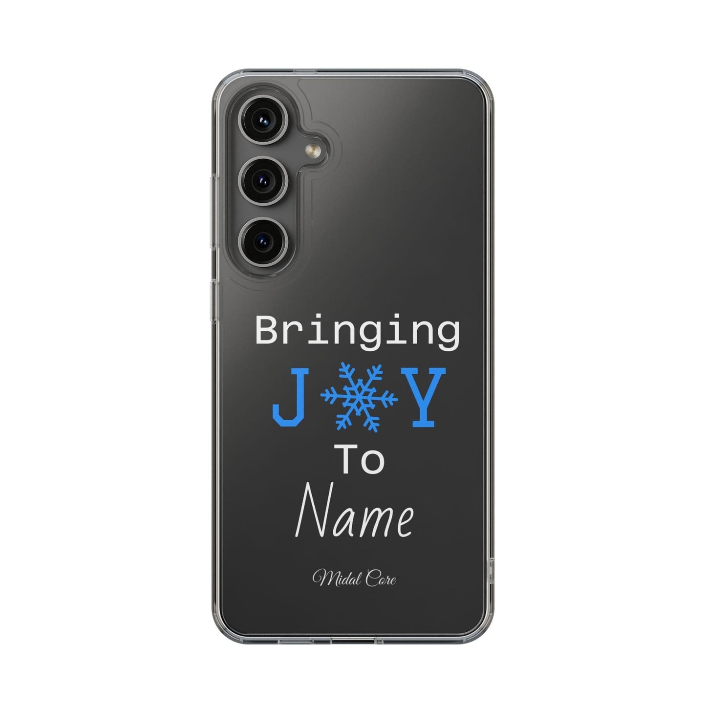 Personalized Christmas clear phone case with 'Bringing J❄️Y To Name' snowflake design on Samsung