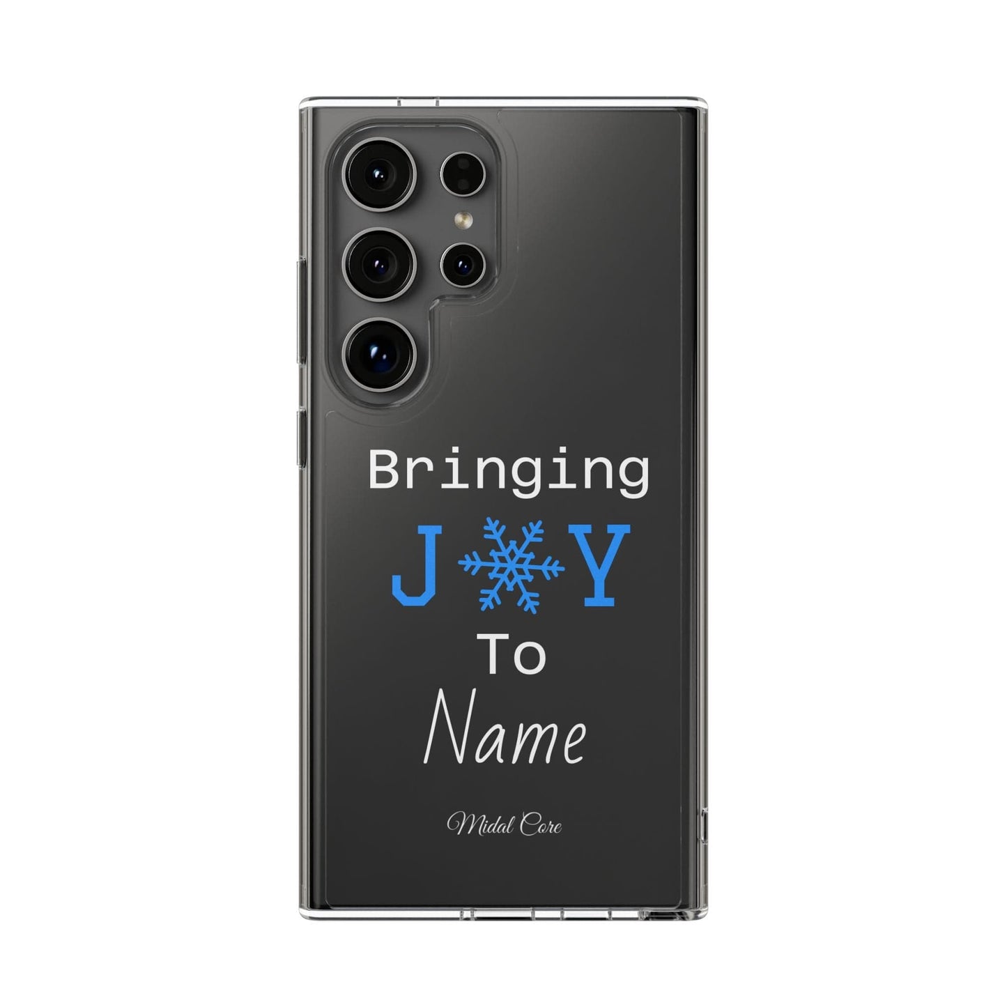 Personalized Christmas clear phone case with 'Bringing J❄️Y To Name' snowflake design on Samsung