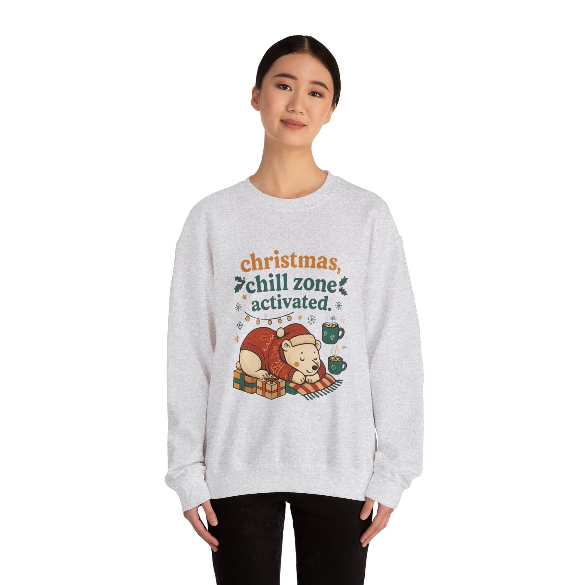 Model wearing Christmas Chill Zone Activated ash gray crewneck – cozy holiday vibe