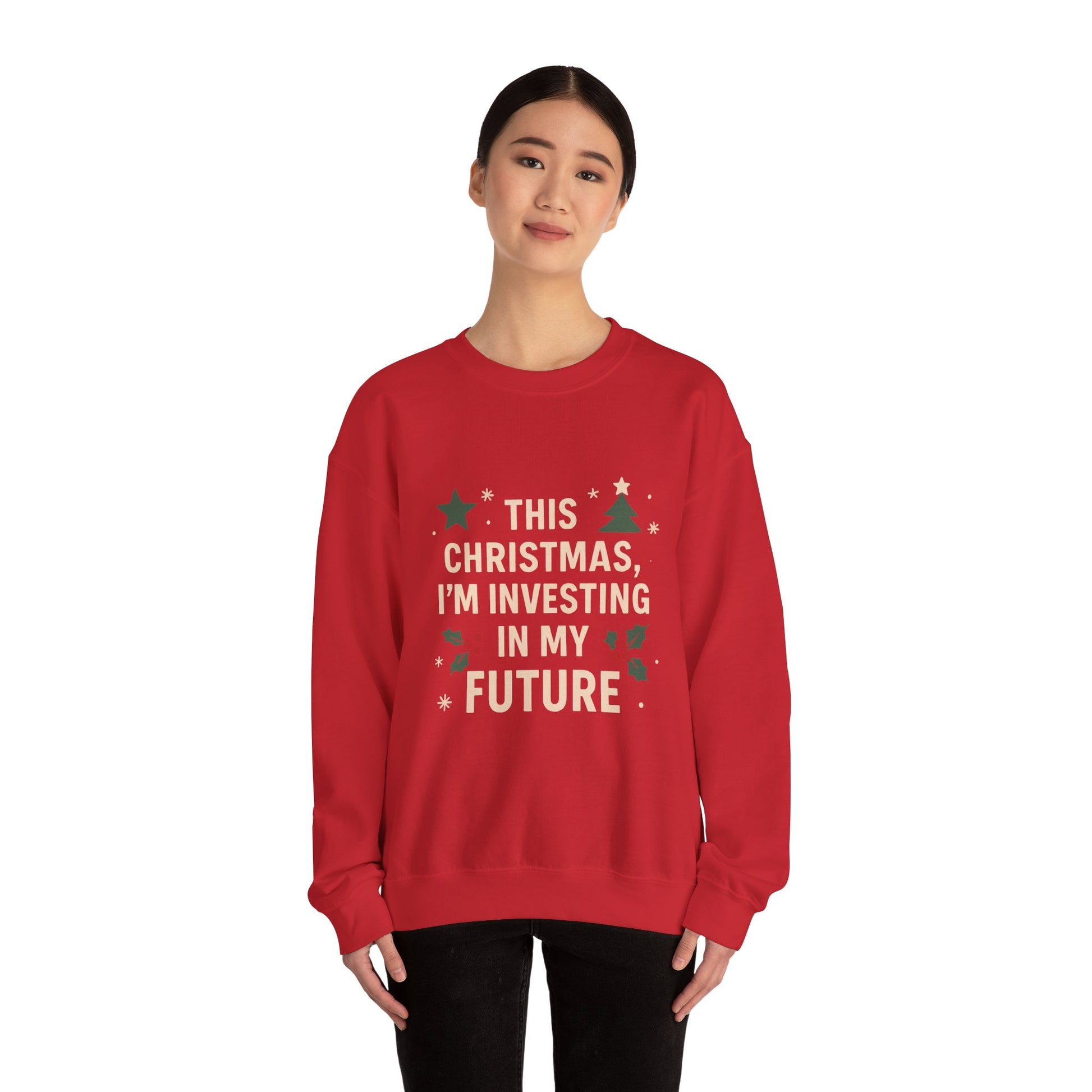 Model wearing cozy Christmas crewneck red – perfect holiday gift