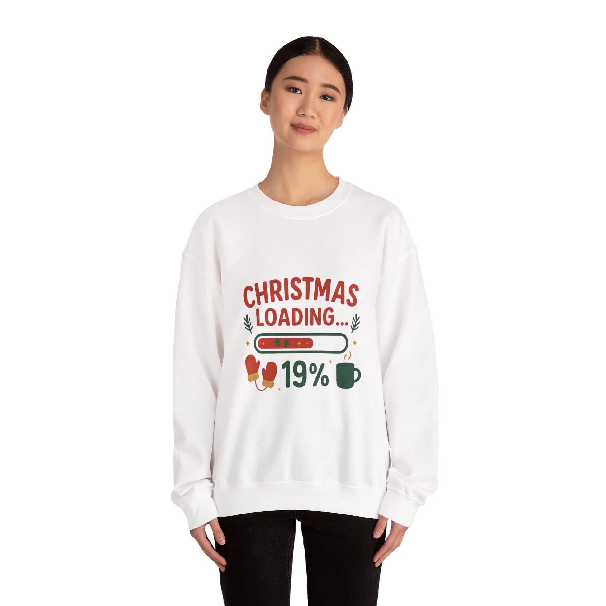 Woman wearing Christmas Loading 19% crewneck white cozy holiday sweater
